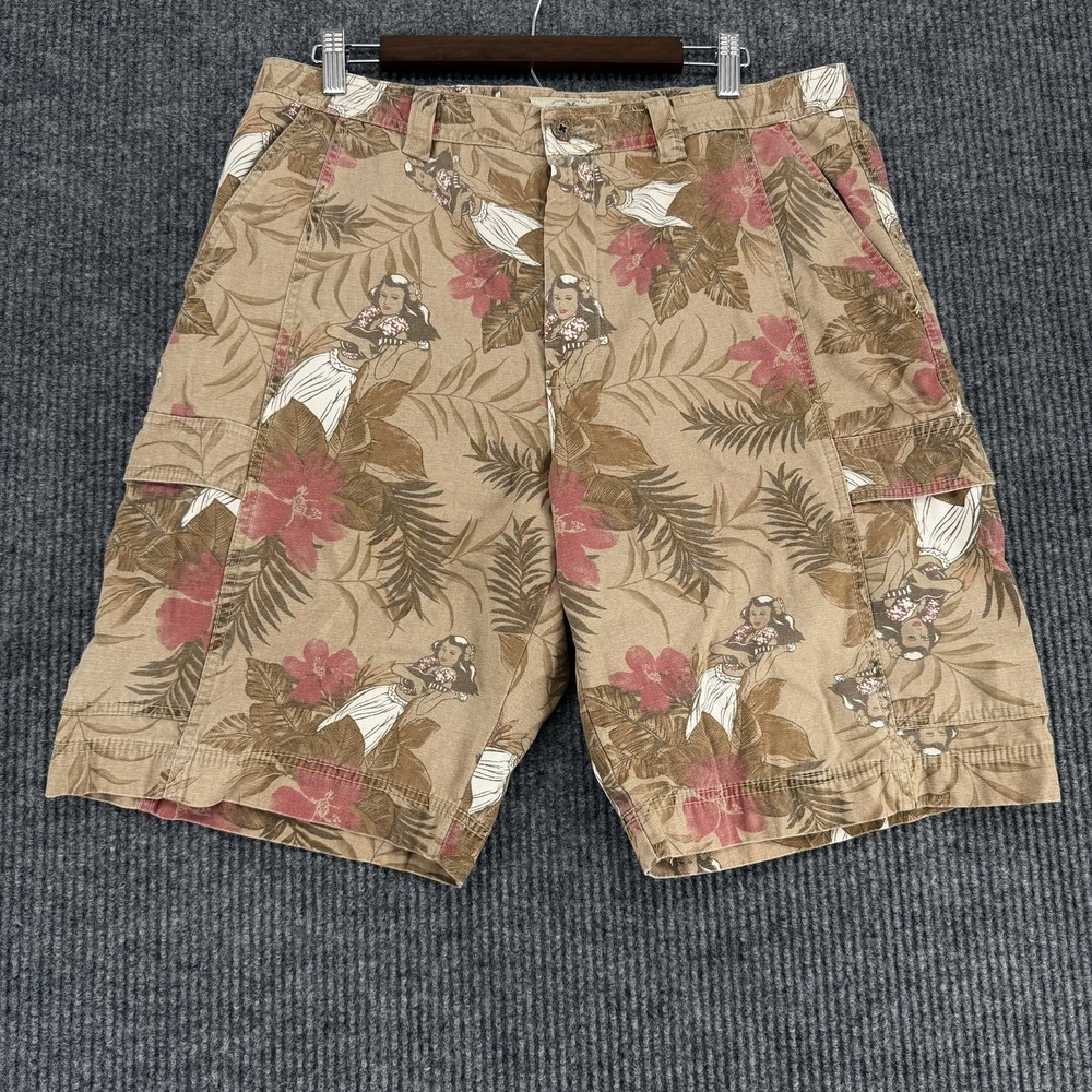 Island Shores Hawaiian Cargo Shorts Men 36 Hula Girl Floral‎ Beach Y2K